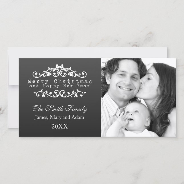 Cartão De Festividades Foto da família Feliz Natal Negro Ornamental (Frente)