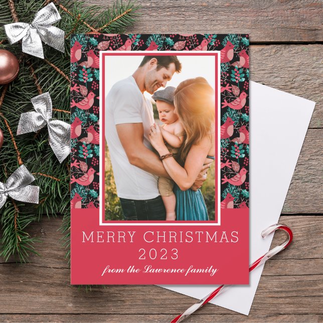 Cartão De Festividades Foto da família Feliz Natal Pássaros de inverno Be (Criador carregado)