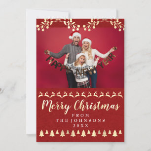Cartão De Festividades Foto da família Feliz Natal Vermelho Clássico Do