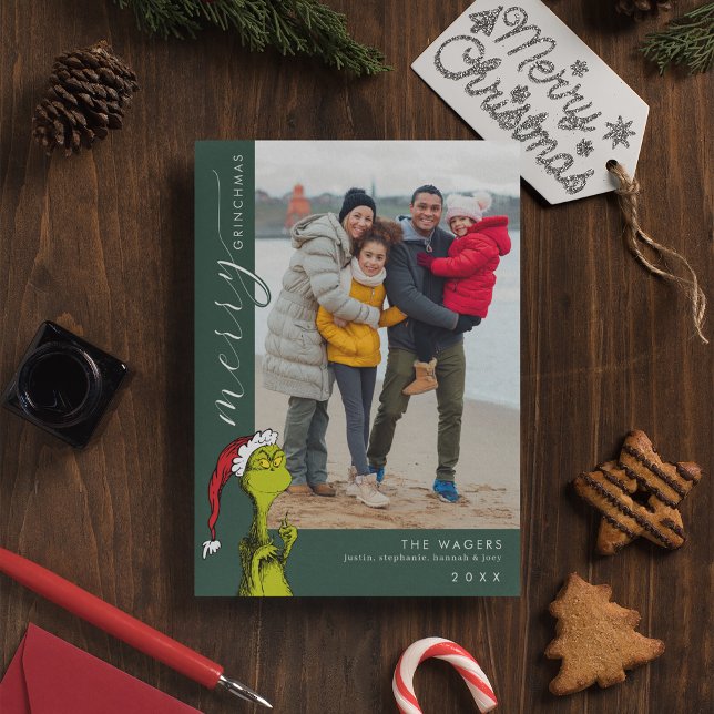 Cartão De Festividades Foto da família Grinchmas da feliz (Card on table)