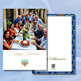 Cartão De Festividades Foto da família Hanukkah Azul Dourado