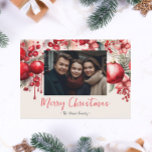 Cartão De Festividades Foto da Família Lucky Red Poinsettia<br><div class="desc">Este belo cartão de Natal de poinsettia vermelha apresenta uma design de aquarela festiva e espaço para uma foto da família. Personalize facilmente essas placas usando o recurso de personalização.</div>