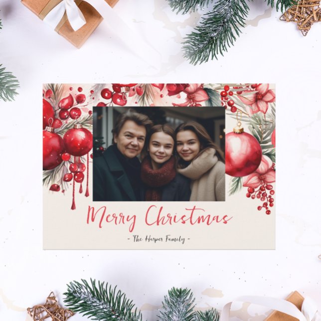 Cartão De Festividades Foto da Família Lucky Red Poinsettia (Criador carregado)