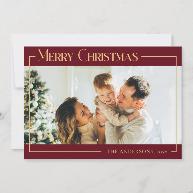 Cartão De Festividades Foto da Família Mínima Vermelha Moderna de Natal (Frente)