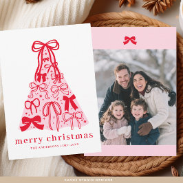 Cartão De Festividades Foto da Família Moderna com Laço Rosa e Vermelho