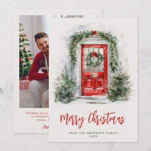 Cartão De Festividades Foto da Família na Porta Vermelha com Aquarela de 