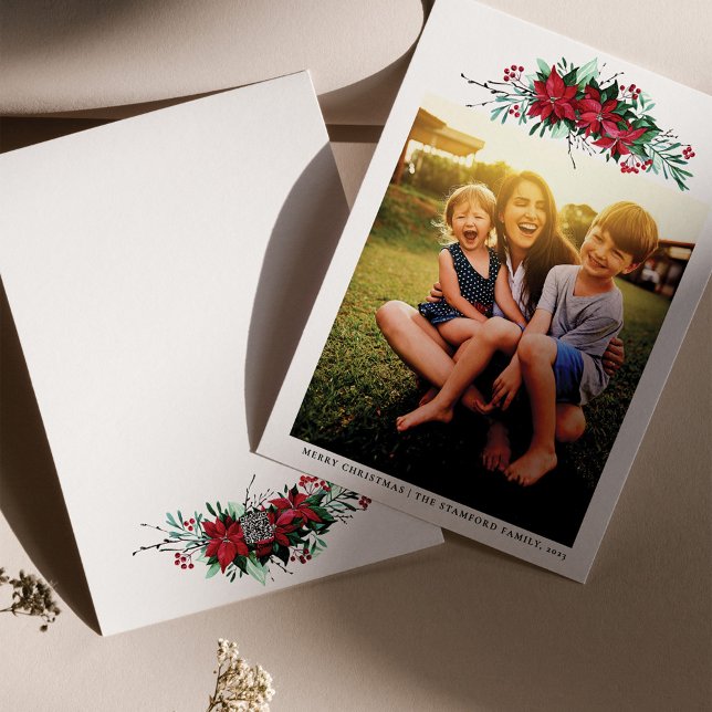 Cartão De Festividades Foto da família Natal botânico (Botanical Poinsettia Christmas Holidays Family Greetings Card)