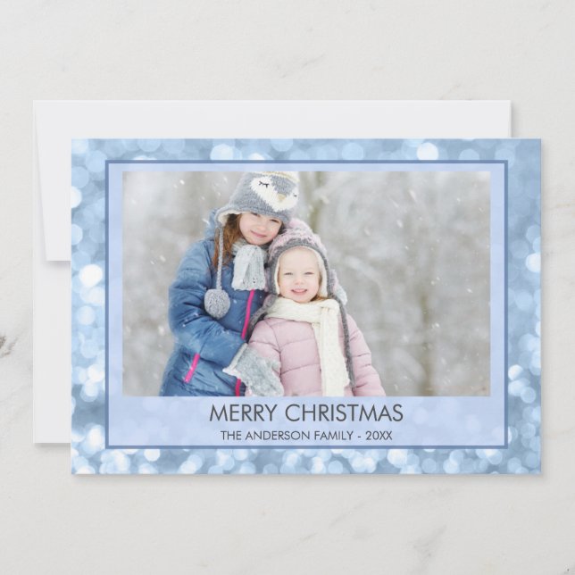 Cartão De Festividades Foto da família natalícia Blue Sparkle Snow Bokeh (Frente)
