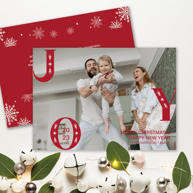 Cartão De Festividades Foto da família natalícia Modern JOY (Modern JOY Christmas Family Photo Holiday Card)
