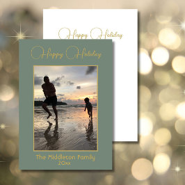 Cartão De Festividades Foto da família natalina Elegante Feliz Verde Dour