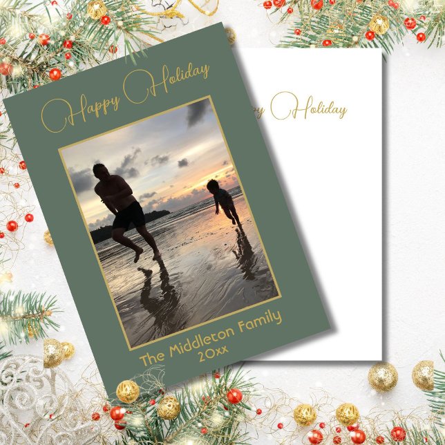 Cartão De Festividades Foto da família natalina Elegante Feliz Verde Dour (Criador carregado)