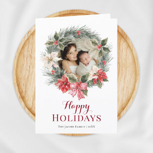 Cartão De Festividades Foto da família no Natal Branco de Wreath