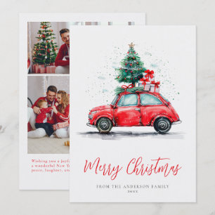 Cartão De Festividades Foto da Família no Natal com Carro Vermelho em Aqu