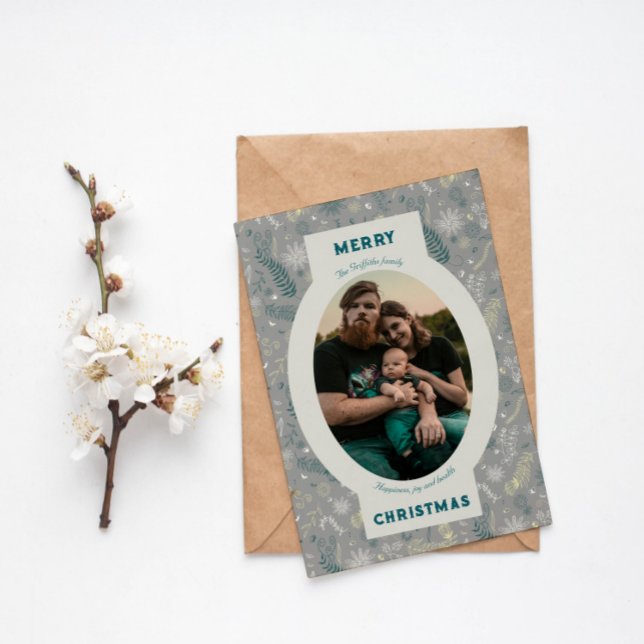 Cartão De Festividades Foto da família no rabisco floral da cinza (Criador carregado)