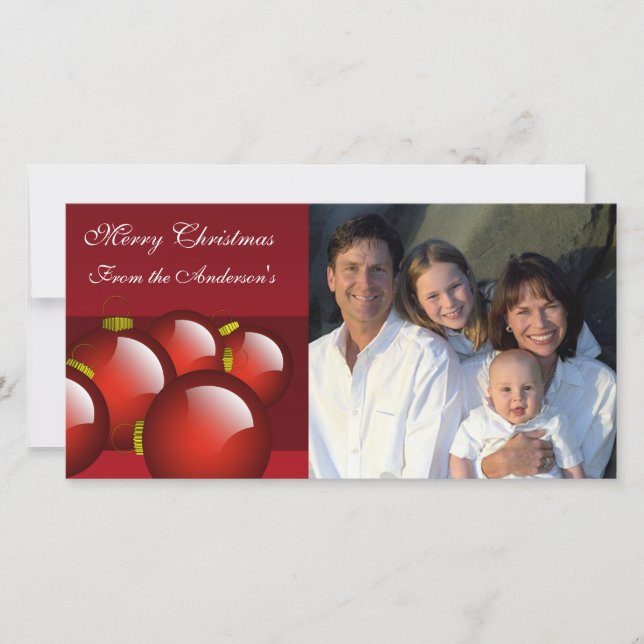 Cartão De Festividades Foto da Família Ornaments Dourados e vermelhos (Frente)