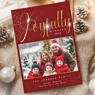 Cartão De Festividades Foto da família Red Dourado Sparkle, alegremente a