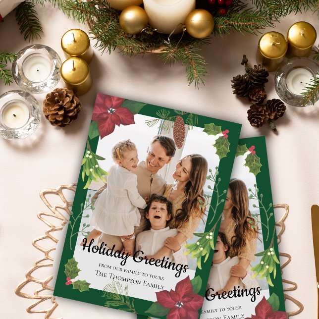 Cartão De Festividades Foto da família Red Flower Feliz de Natal (Elegant Merry Christmas Red Flower Family Photo Holiday Card)