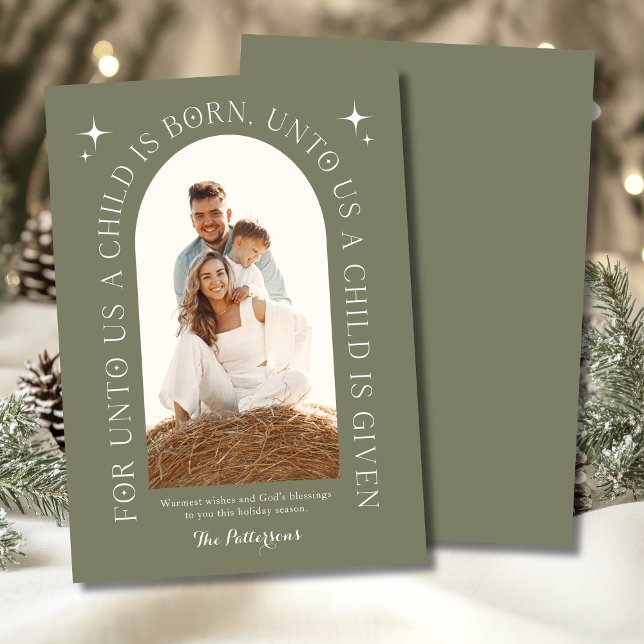 Cartão De Festividades Foto da família religiosa de Natal Verde minimalis (Criador carregado)