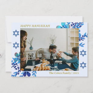 Cartão De Festividades Foto da família Simple Blue Hanukkah