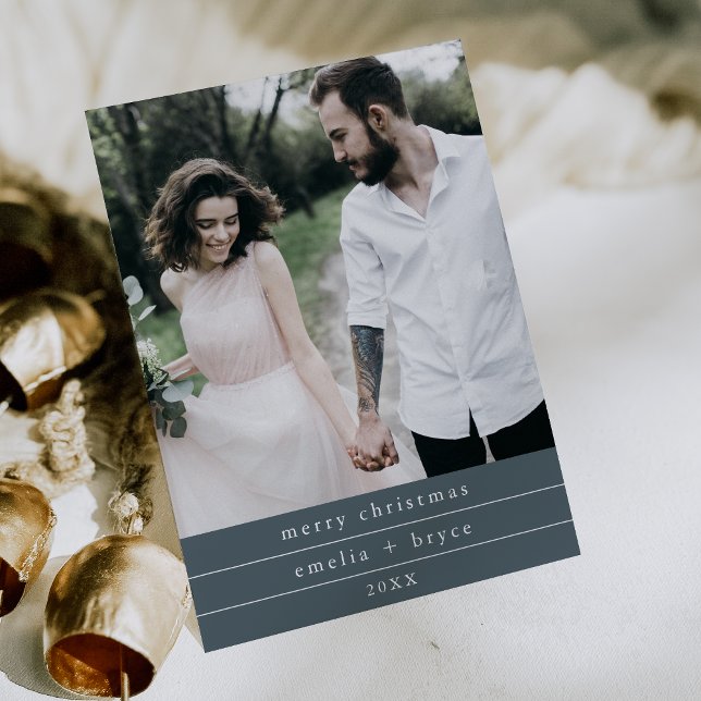 Cartão De Festividades Foto da Família Simples Azul EMELIA Feliz Natal (EMELIA Blue Simple Family Photo Merry Christmas Holiday Card)