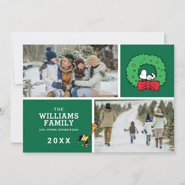 Cartão De Festividades Foto da Família Snoopy Wreath, no Natal de Peanuts (Frente)