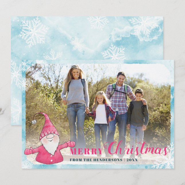 Cartão De Festividades Foto da família Teal Blue Pink Gnomo (Frente/Verso)
