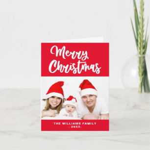 Cartão De Festividades Foto da Família Vermelha e Branca Nome Feliz Natal