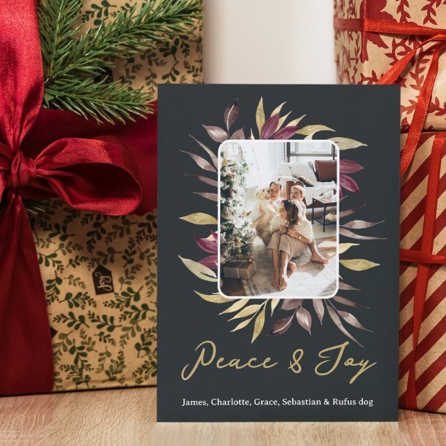 Cartão De Festividades Foto da Folhagem de inverno da Paz e da Alegria (Christmas Peace and Joy Winter Foliage Photo Holiday Card by Ricaso. Add photograph, make your own)