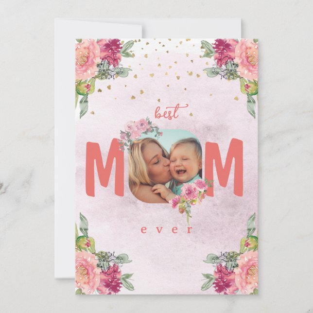 Cartão De Festividades Foto Da Mãe, Flores E Mensagem Personalizada (Frente)