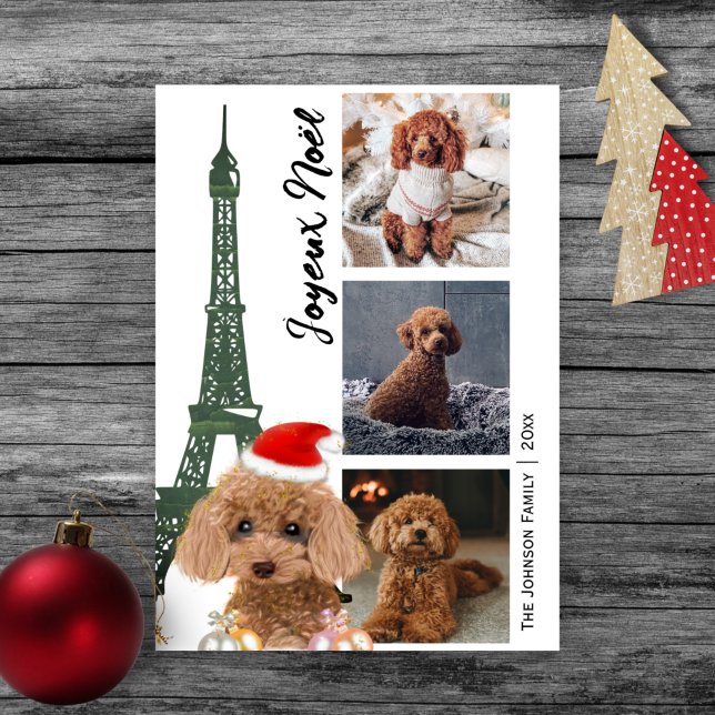 Cartão De Festividades Foto da Torre Eiffel de Poodle Francesa no Natal d (Criador carregado)