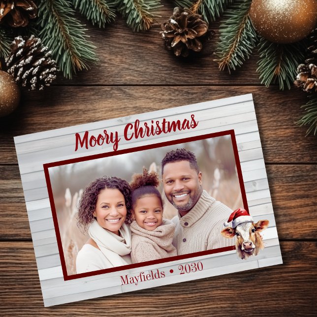 Cartão De Festividades Foto da Vaca de Natal Moory (Moory Christmas flat photo card with jersey cow and barn wood)