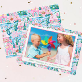 Cartão De Festividades Foto da vila de Natal azul e rosa pré-disquete