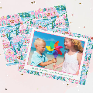 Cartão De Festividades Foto da vila de Natal azul e rosa pré-disquete