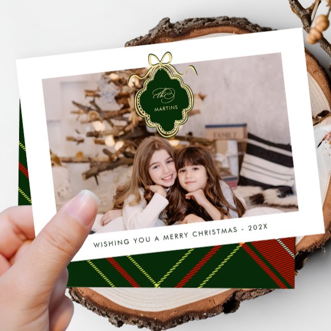 Cartão De Festividades Foto da Xadrez Vermelha Clássica de Natal Crest (Criador carregado)