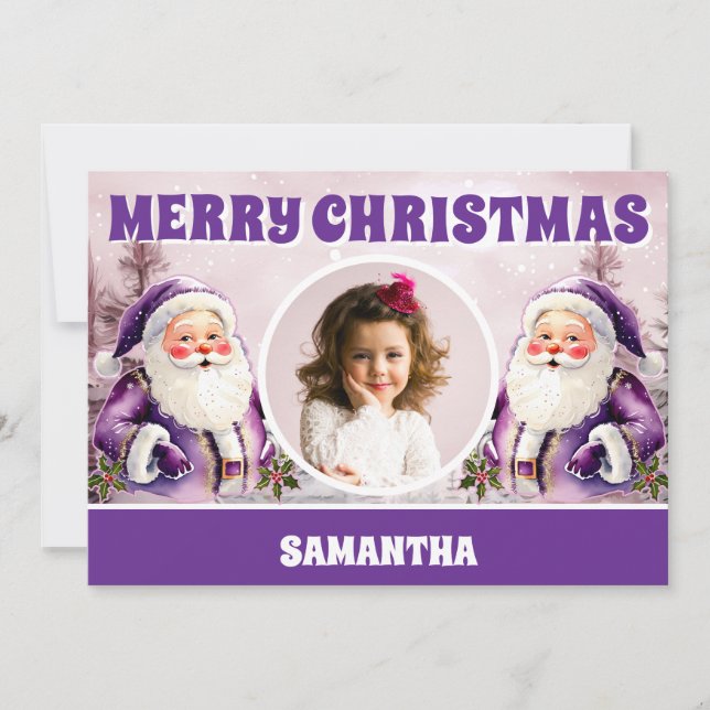 Cartão De Festividades Foto das crianças do Papai Noel de Natal Roxo (Frente)