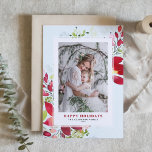 Cartão De Festividades Foto das Flores de Natal da Red Watercolor<br><div class="desc">Feliz feriado! Envie alegria de férias e desejos a familiares e amigos com este cartão de feriado floral. Apresenta ilustração aquosa de flores vermelhas,  agulhas de pinheiros e verde com fundo azul-aqua claro. Personalize apresentando sua foto favorita e adicionando nomes e mensagens. Itens correspondentes estão disponíveis.</div>