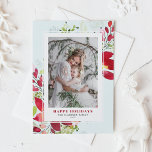 Cartão De Festividades Foto das Flores de Natal da Red Watercolor<br><div class="desc">Feliz feriado! Mande alegria de férias e desejos para a família e amigos com este cartão de feriado floral. Apresenta ilustração aquosa de flores vermelhas,  agulhas de pinheiros e verde com fundo azul-aqua claro. Personalize apresentando sua foto favorita e adicionando nomes e mensagens. Itens correspondentes estão disponíveis.</div>