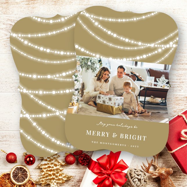 Cartão De Festividades Foto das luzes cintilantes de Natal feliz e brilha (Merry & Bright Stylish Christmas Sparkling Lights Photo Modern Holiday Card @ fat_fa_tin)