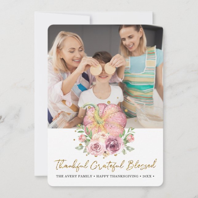 Cartão De Festividades Foto de Ação de Graças Pumpkin Rosa (Frente)