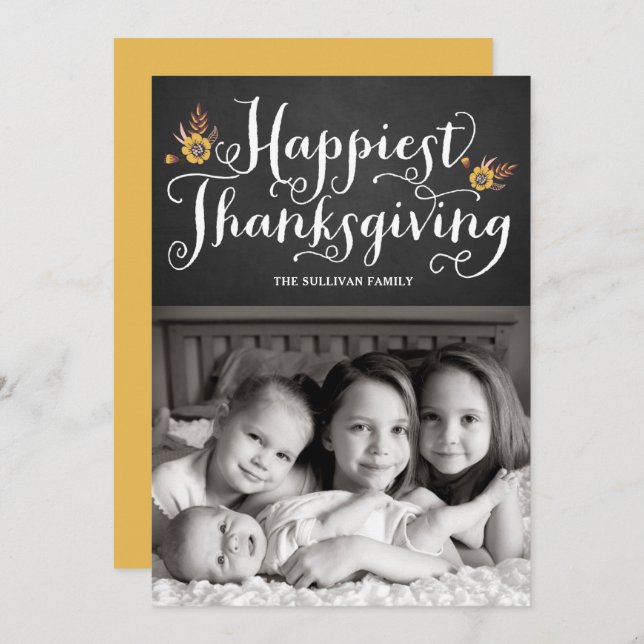 Cartão De Festividades Foto de Ação de Graças Rustic Faux Chalkboard Happ (Frente/Verso)