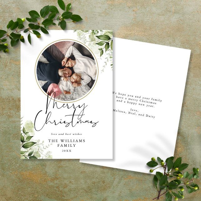 Cartão De Festividades Foto de Anel Dourado com Verdura de Natal Alegre (Merry Christmas Greenery Gold Ring Photo Holiday Card)