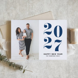 Cartão De Festividades Foto de Ano Novo 2027 com Tipografia Negrito Azul-