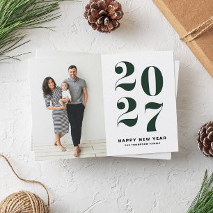 Cartão De Festividades Foto de Ano Novo com Tipografia Negrito Verde Escu