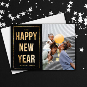 Cartão De Festividades Foto de Ano Novo Feliz Dourado