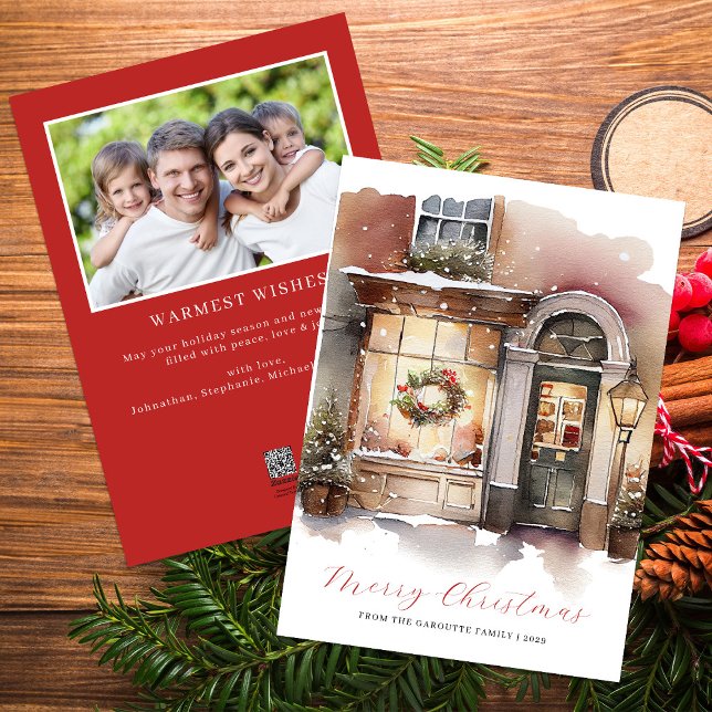 Cartão De Festividades Foto de aquarela festiva Feliz Natal (Merry Christmas Watercolor Photo Red Holiday Card)