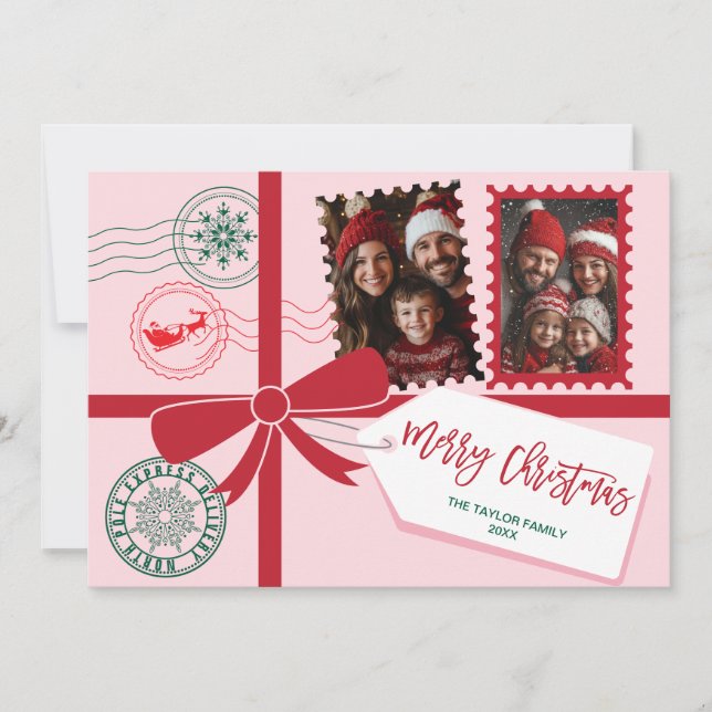 Cartão De Festividades Foto de Arco de presente rosa vermelho único Feliz (Frente)