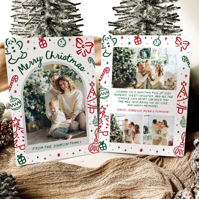 Cartão De Festividades Foto de Arco Desenhada à Mão Branca Feliz Natal (Whimsical Hand Drawn Arch Photo Merry Christmas Holiday Card)