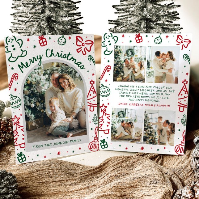 Cartão De Festividades Foto de Arco Desenhada à Mão Branca Feliz Natal (Whimsical Hand Drawn Arch Photo Merry Christmas Holiday Card)