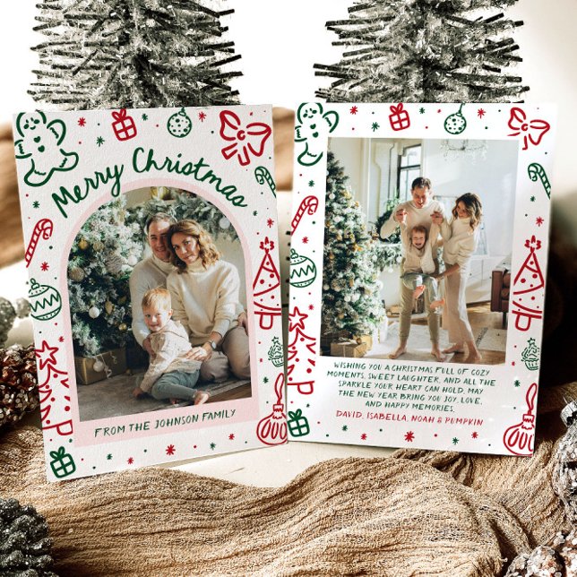 Cartão De Festividades Foto de Arco Desenhada à Mão Branca Feliz Natal (Whimsical Hand Drawn Arch Photo Merry Christmas Holiday Card)