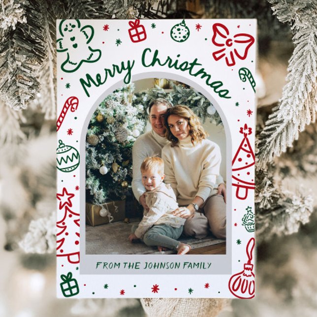 Cartão De Festividades Foto de Arco Desenhada à Mão Branca Feliz Natal (Whimsical Hand Drawn Arch Photo Merry Christmas Holiday Card)